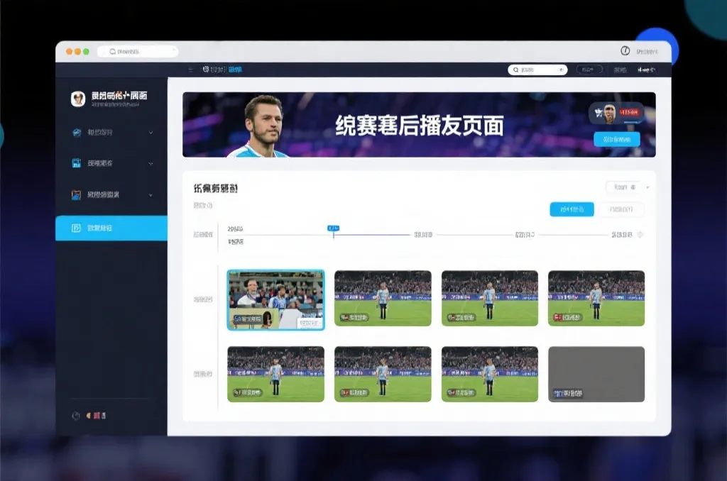 比赛结束后，电视屏幕展示集锦回放页面，旁边有时间轴和多角度切换提示